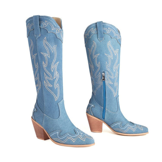 Women’s Denim Embroidered Knee-High Western Cowboy Boots-60031